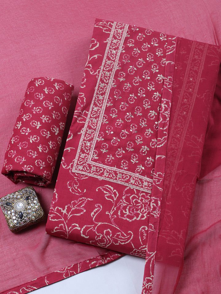 Embroidered Cotton Blend Unstitched Suit With Pant &amp; Dupatta