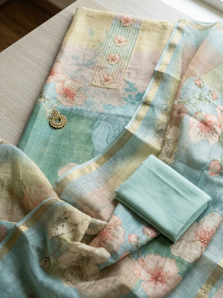 Embroidered Linen Blend Unstitched Suit With Pant &amp; Dupatta