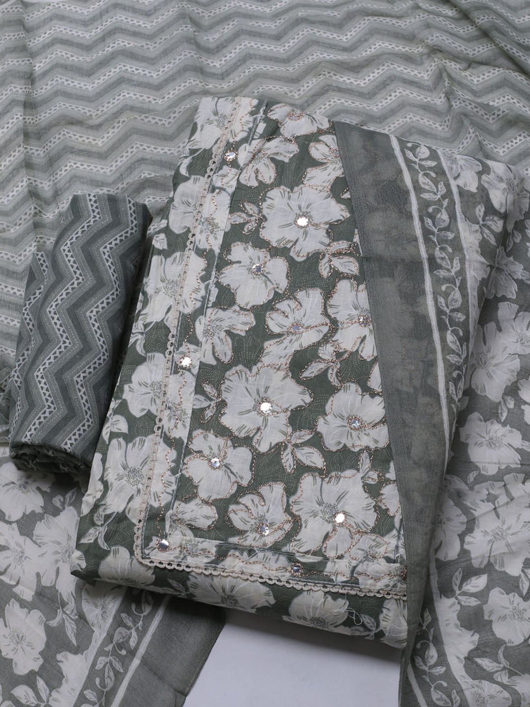 Printed Cotton Blend Unstitched Suit With Dupatta