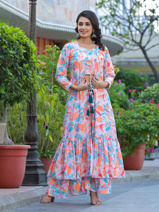 Floral Printed Cotton Crop Top With Pants & Jacket