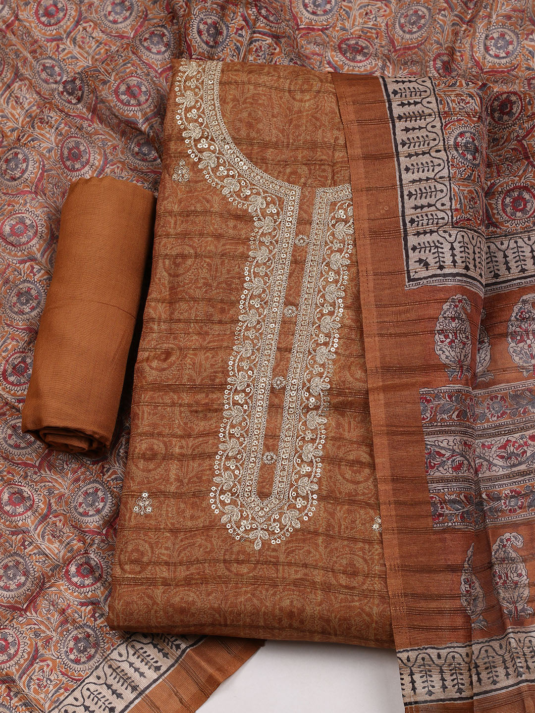 Embroidered Art Silk Unstitched Suit With Dupatta
