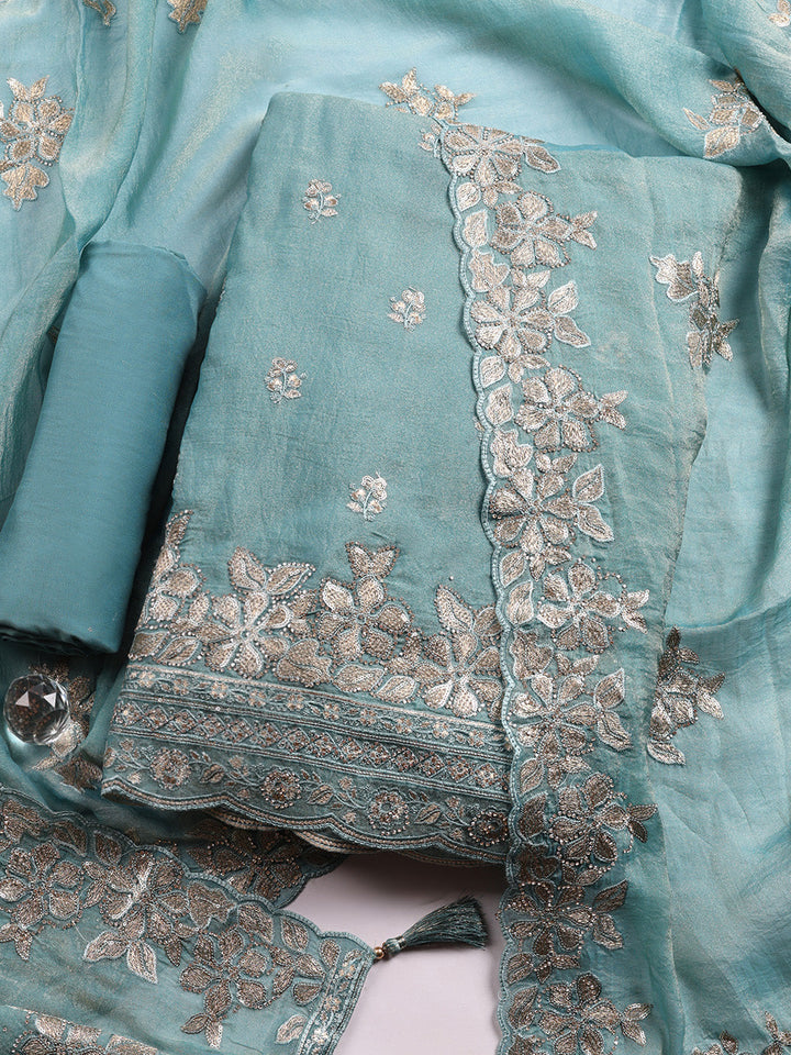 Embroidered Organza Unstitched Suit With Pant &amp; Dupatta