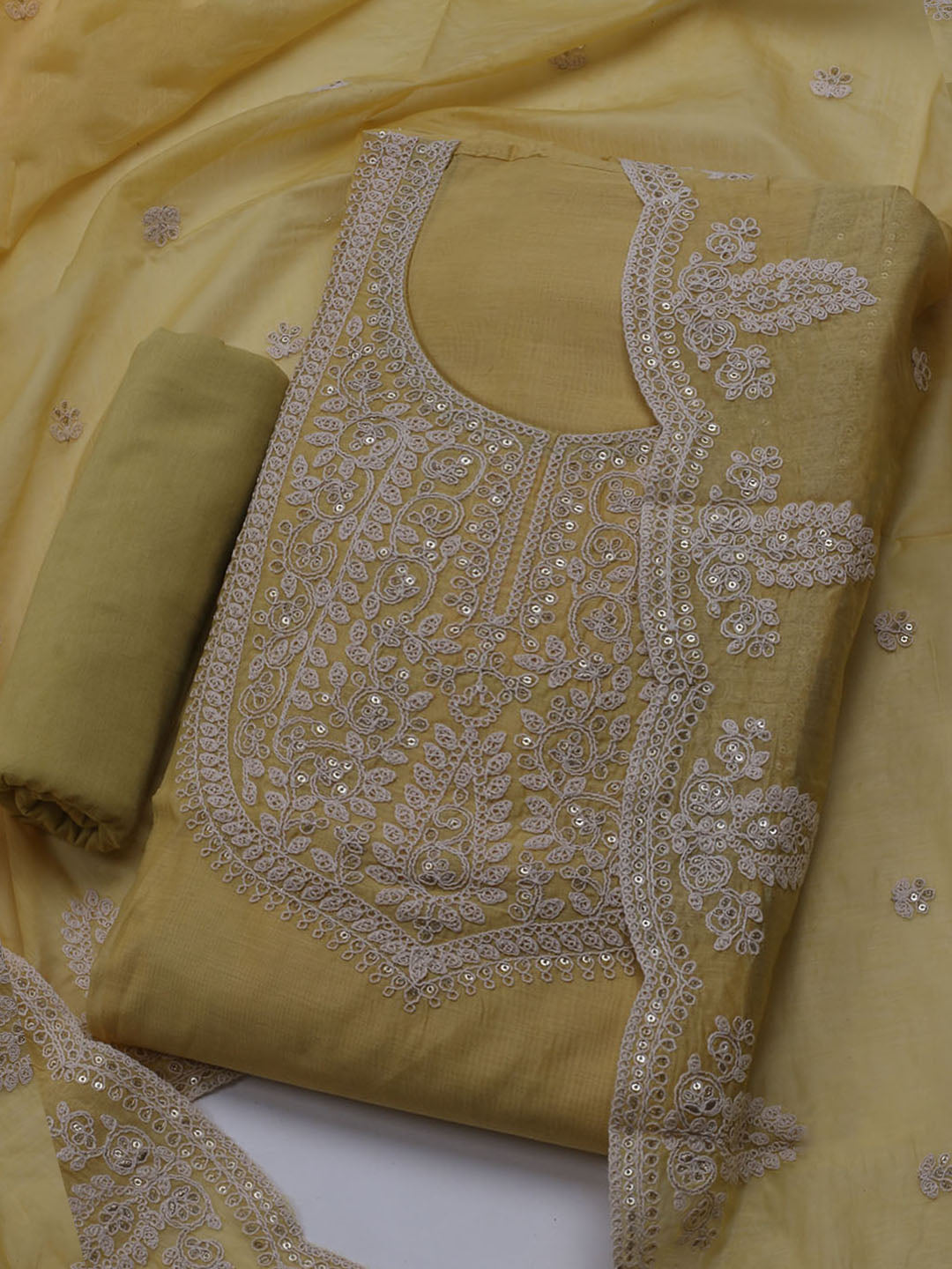 Neck Embroidered Chanderi Unstitched Suit With Dupatta