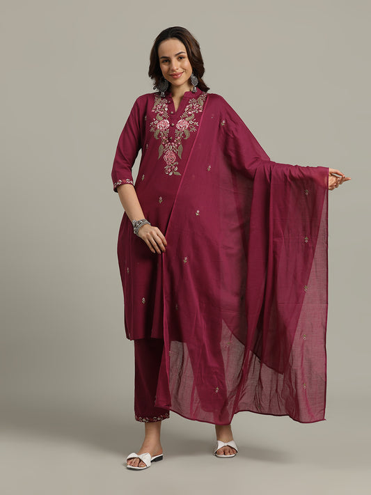 Floral Printed Cotton Kurta With Pants & Dupatta