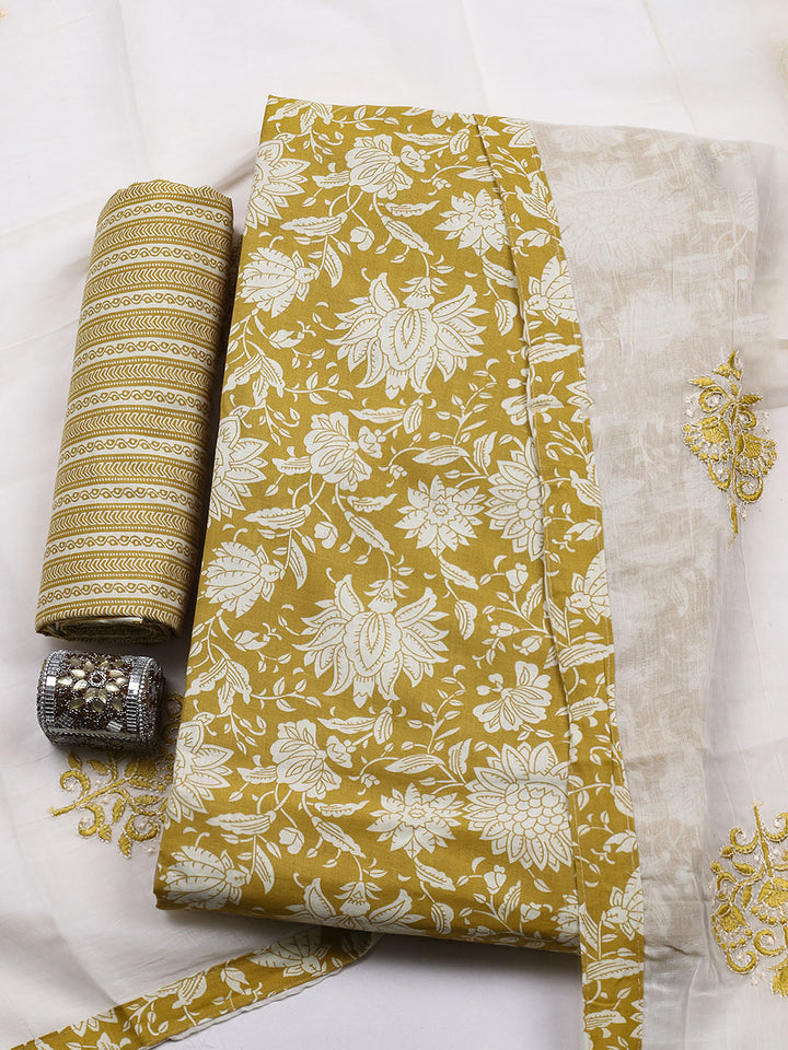 Printed Cotton Blend Unstitched Suit With Pant &amp; Dupatta