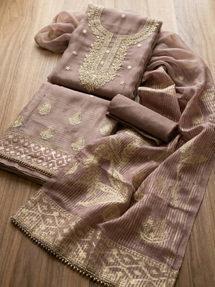 Embroidered Tissue Unstitched Suit With Pant &amp; Dupatta