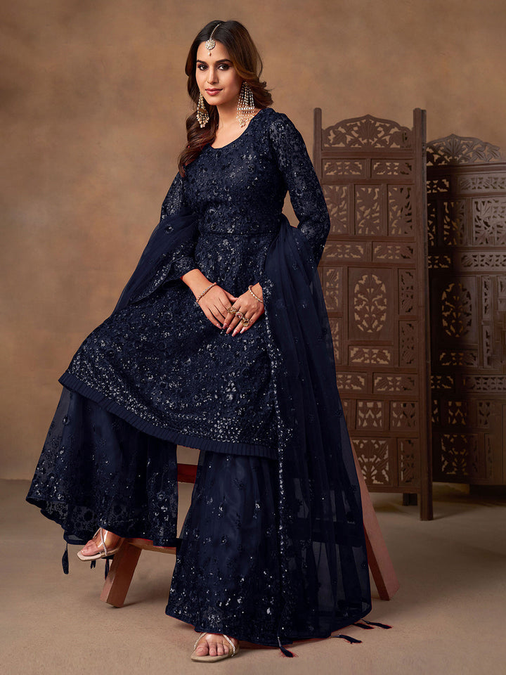 Embroidered Net Semi Stitched Kurta With Sharara &amp; Dupatta