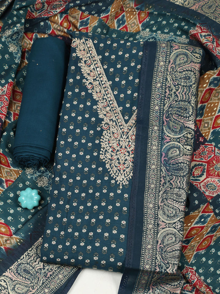 Embroidered Cotton Blend Unstitched Suit With Pant &amp; Dupatta