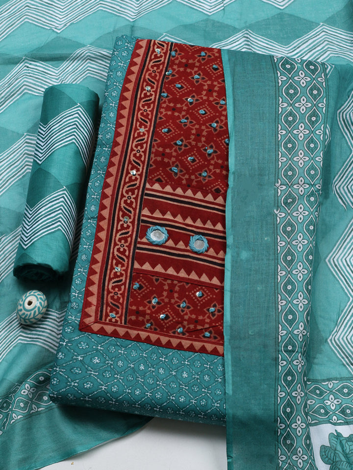 Printed Cotton Blend Unstitched Suit With Pant &amp; Dupatta