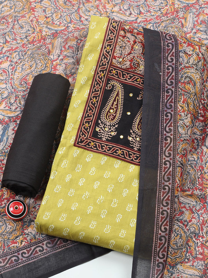 Printed Cotton Blend Unstitched Suit With Pant &amp; Dupatta