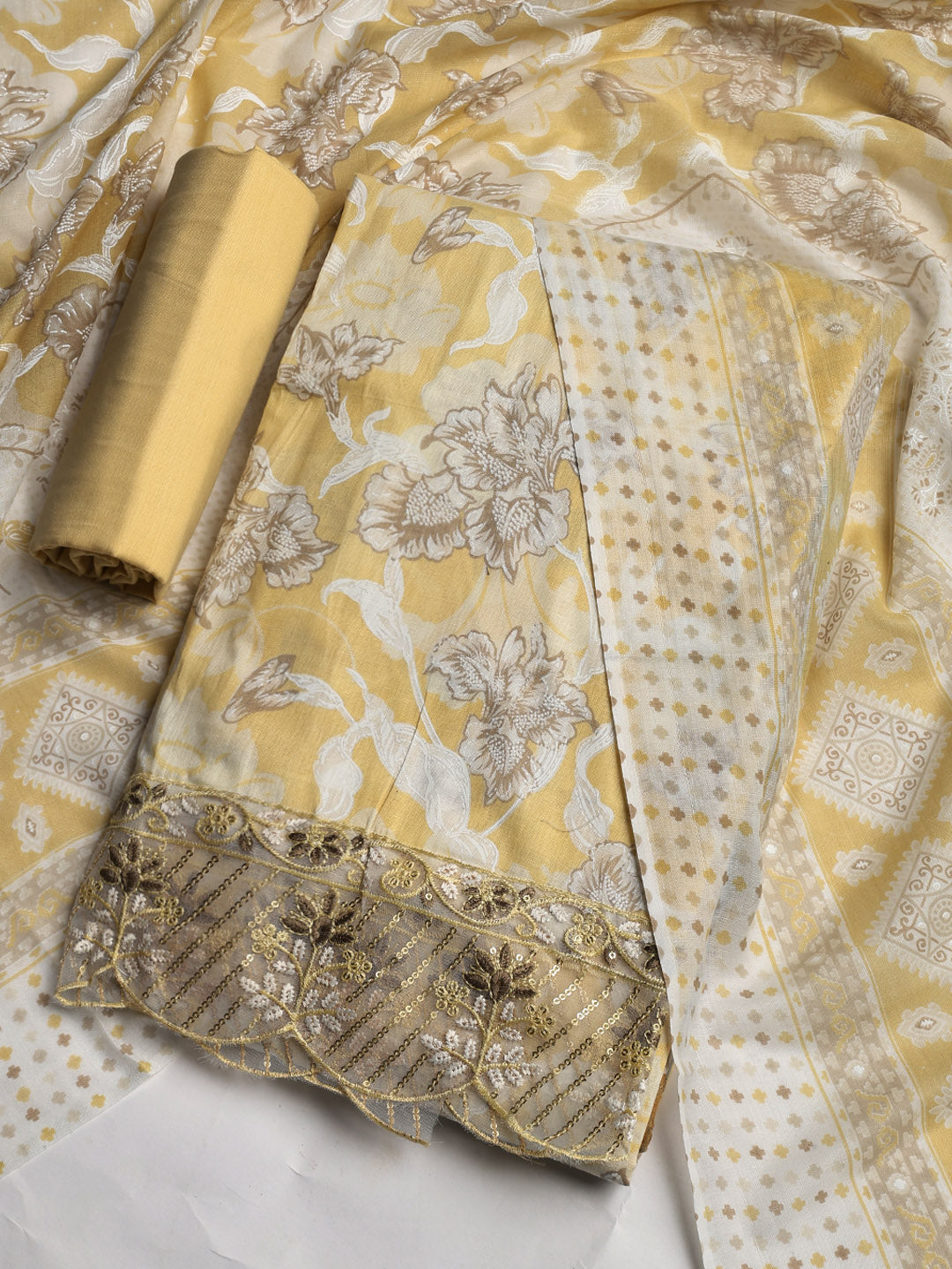 Printed Cotton Blend Unstitched Suit With Dupatta
