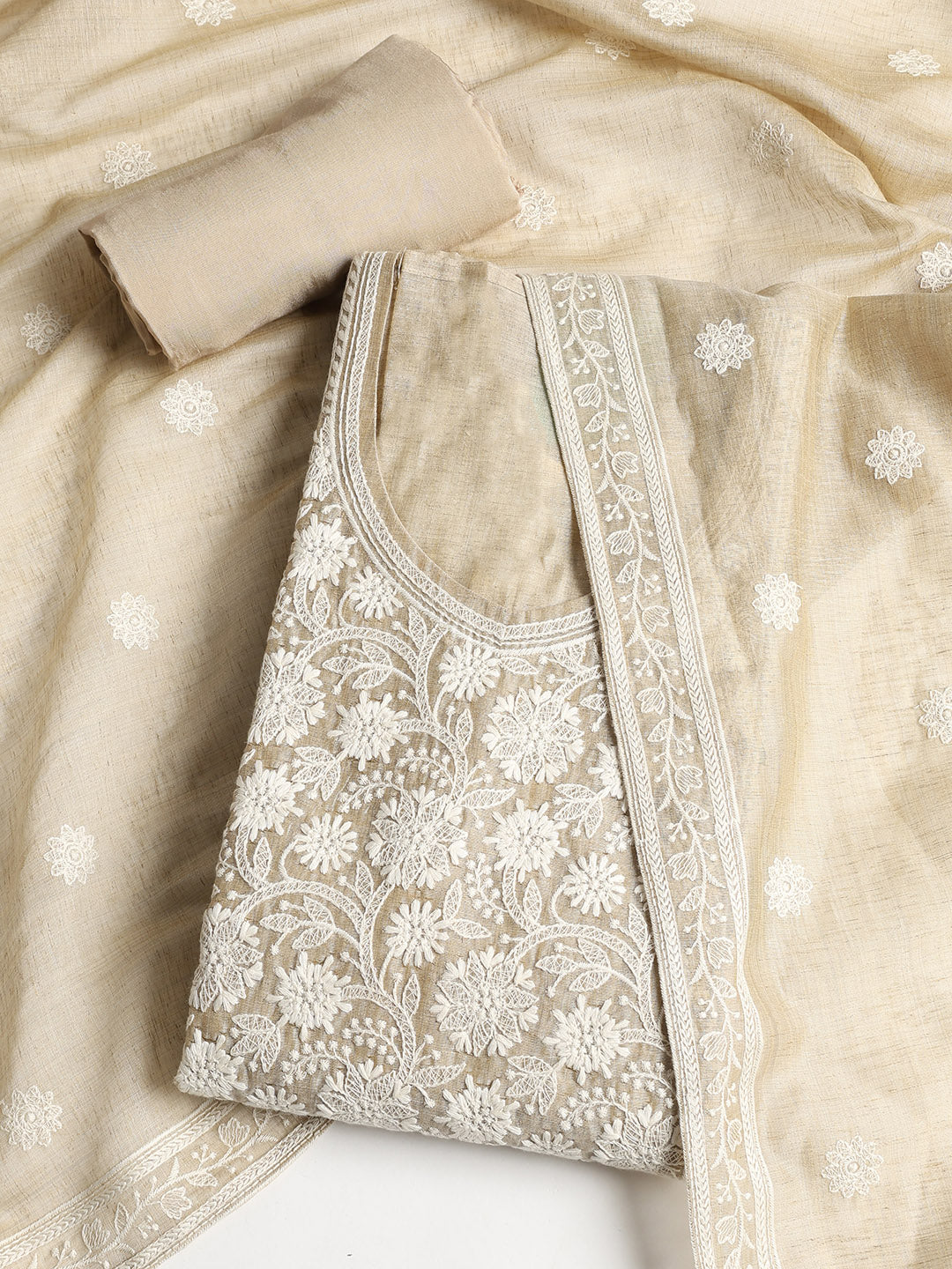 Neck Embroidered Chanderi Unstitched Suit With Dupatta