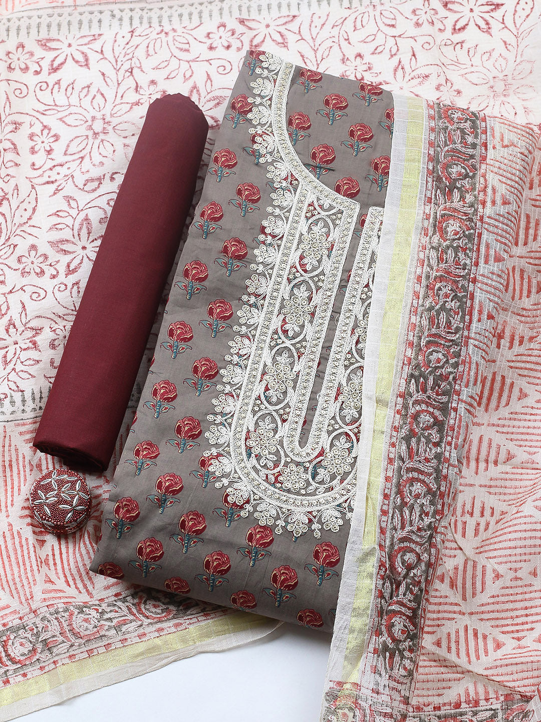 Printed Cotton Blend Unstitched Suit With Pant &amp; Dupatta