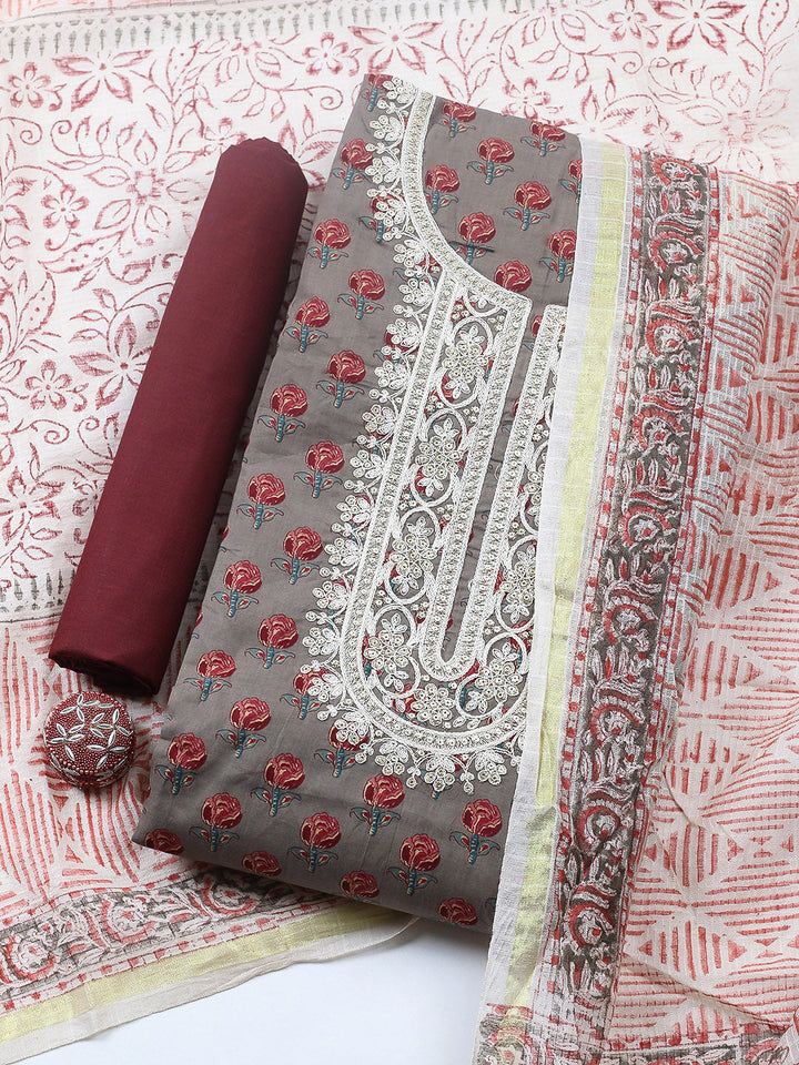Printed Cotton Blend Unstitched Suit With Pant &amp; Dupatta