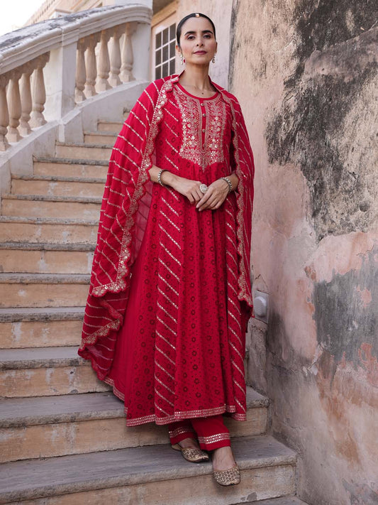 Neck Embroidered Cotton Kurta With Pants & Dupatta