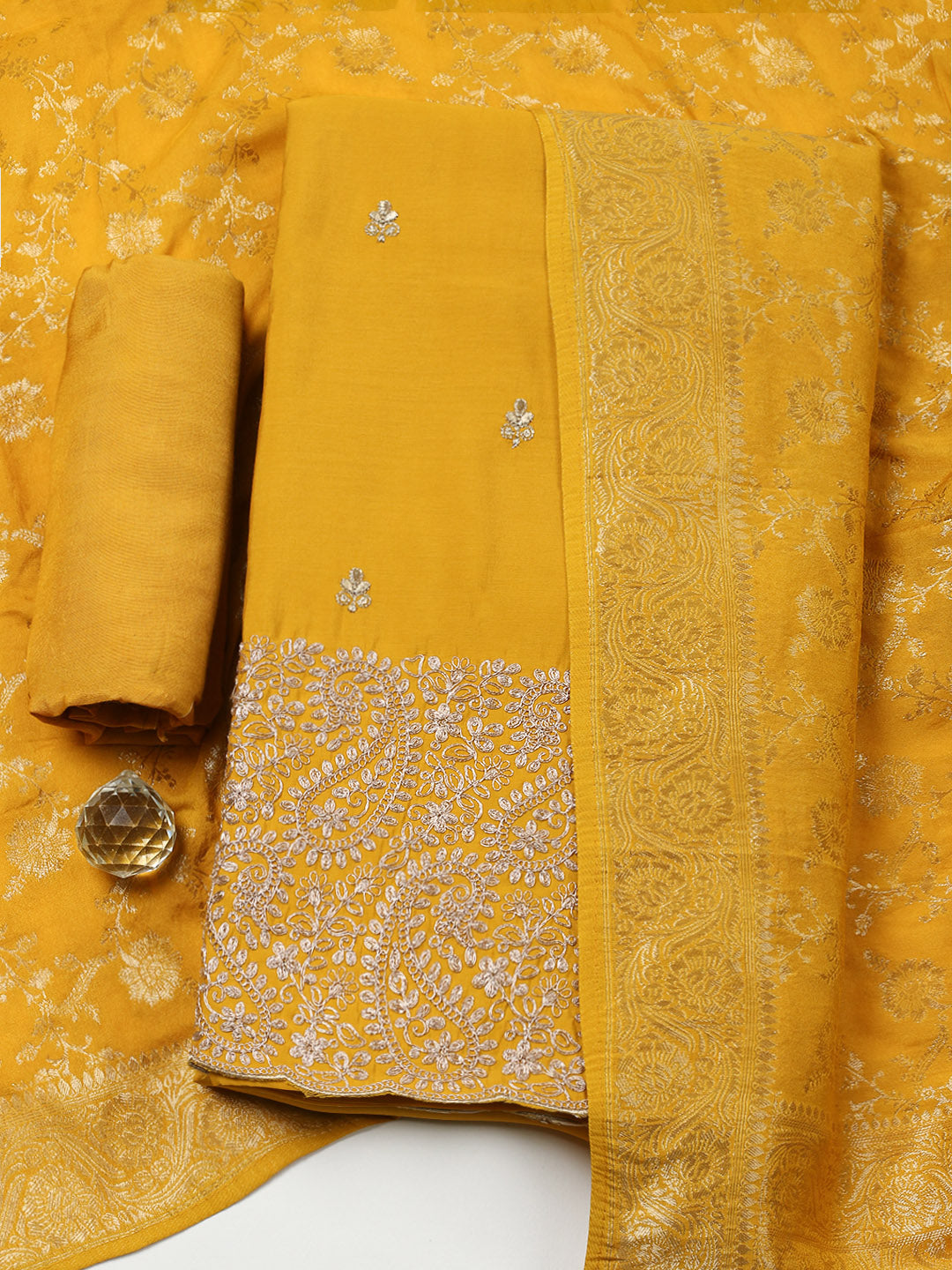 Woven Design Chanderi Unstitched Suit With Pant &amp; Dupatta