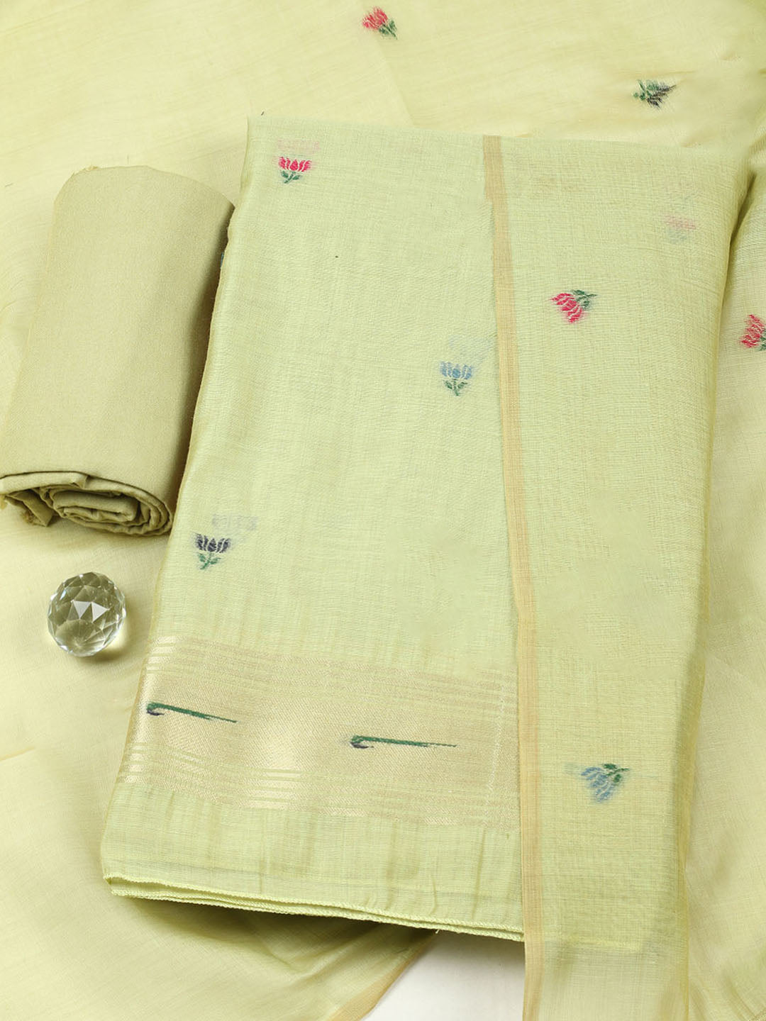 Embroidered Chanderi Unstitched Suit With Pant &amp; Dupatta