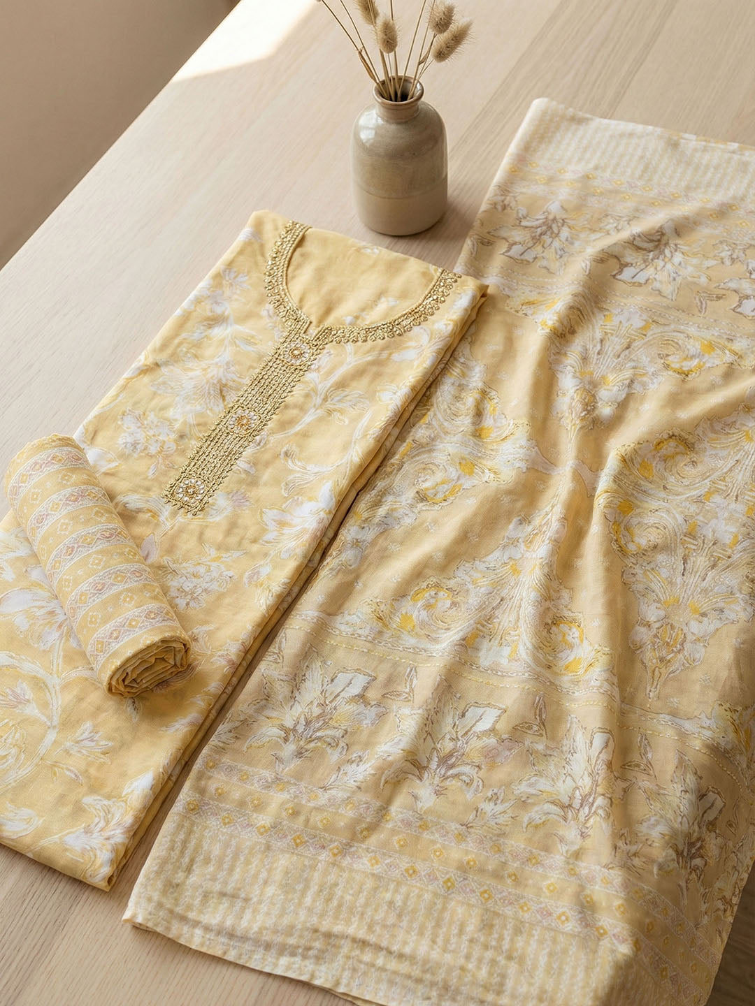 Embroidered Cotton Blend Unstitched Suit With Pant &amp; Dupatta