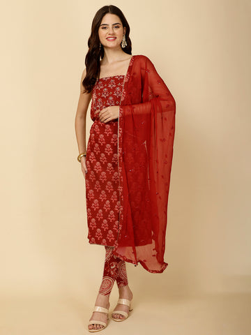 Floral Printed Cotton Unstitched Suit Piece With Dupatta