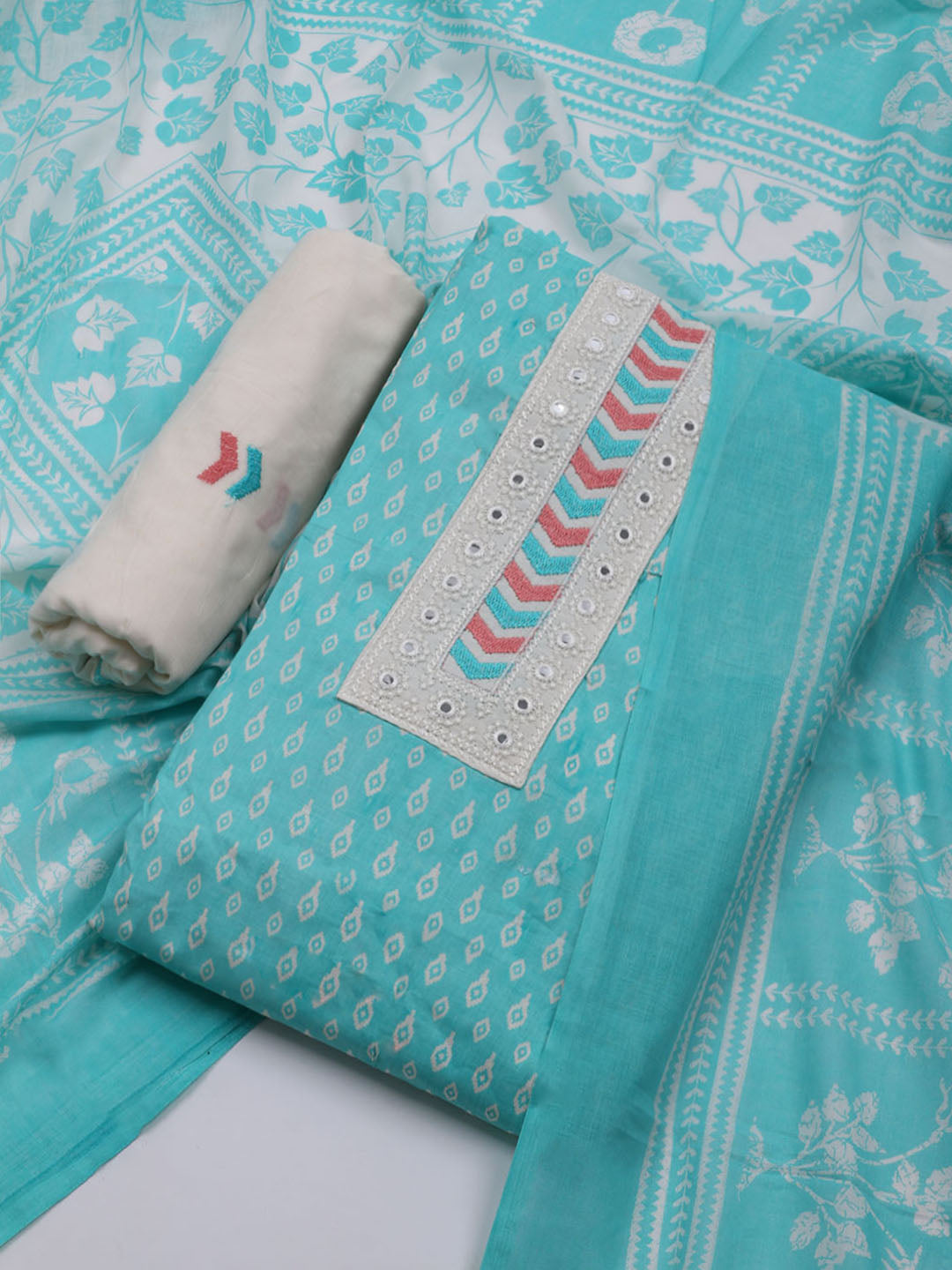 Printed Cotton Blend Unstitched Suit With Dupatta