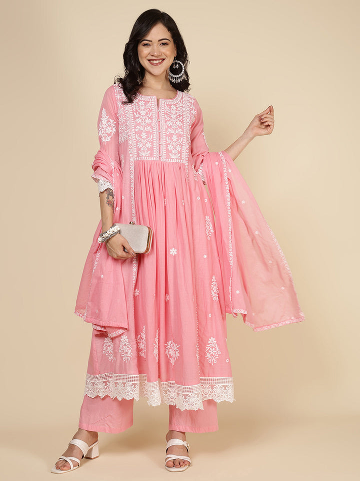 Embroidered Cotton Blend Kurta With Pants &amp; Dupatta