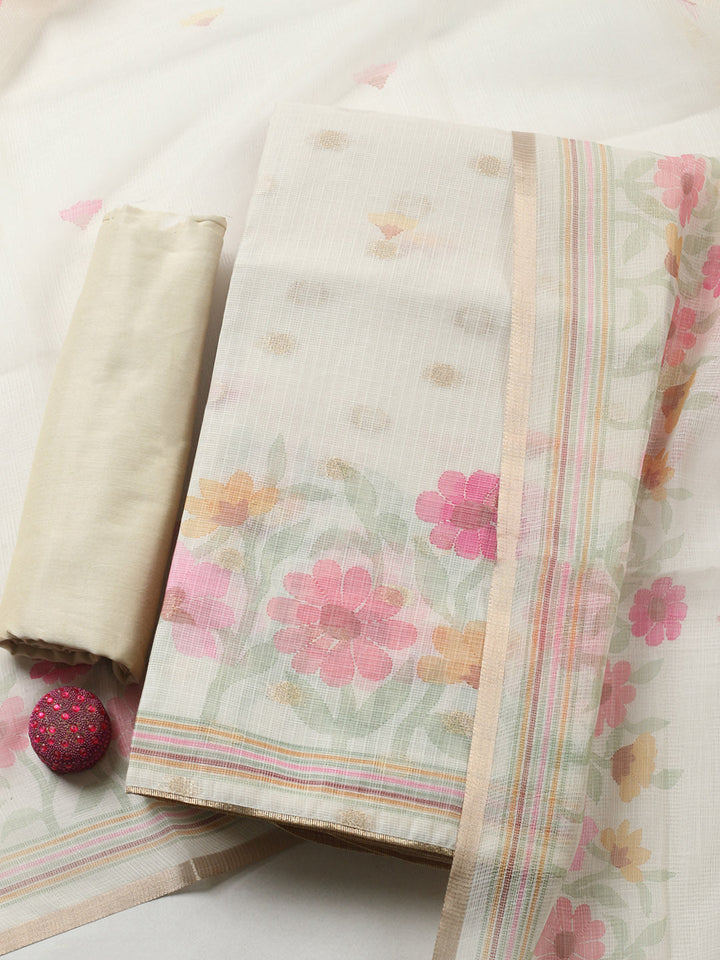 Plain Cotton Blend Unstitched Suit With Pant &amp; Dupatta