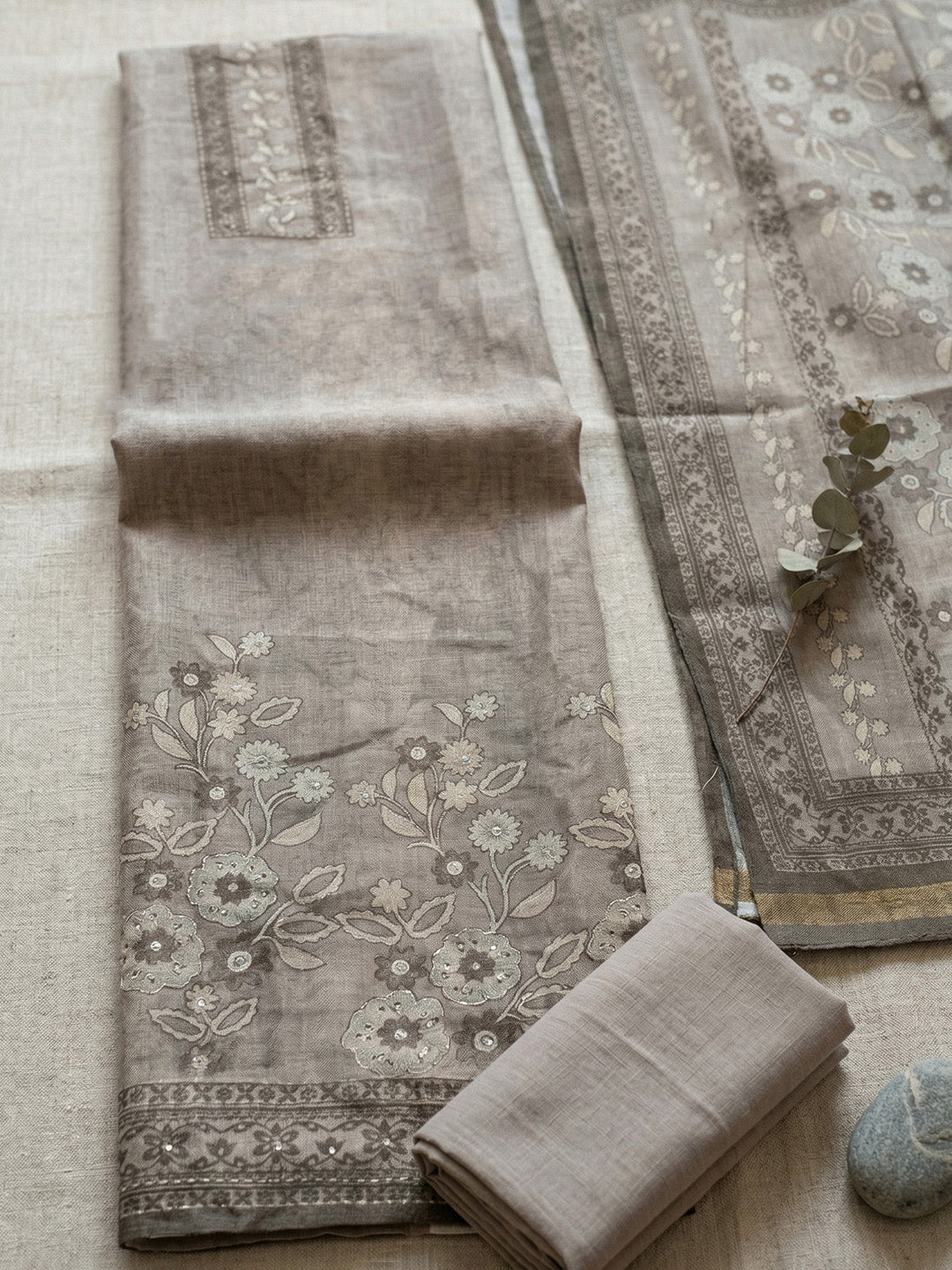 Embroidered Linen Blend Unstitched Suit With Pant &amp; Dupatta