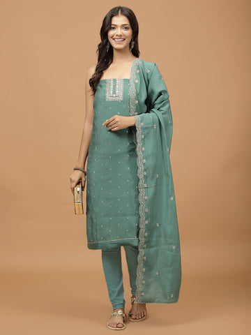 Neck Embroidered Chanderi Unstitched Suit Piece With Dupatta