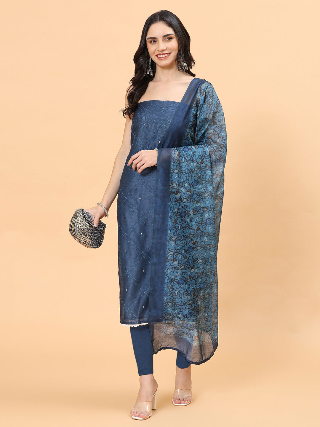Kantha Work Chanderi Unstitched Suit With Dupatta