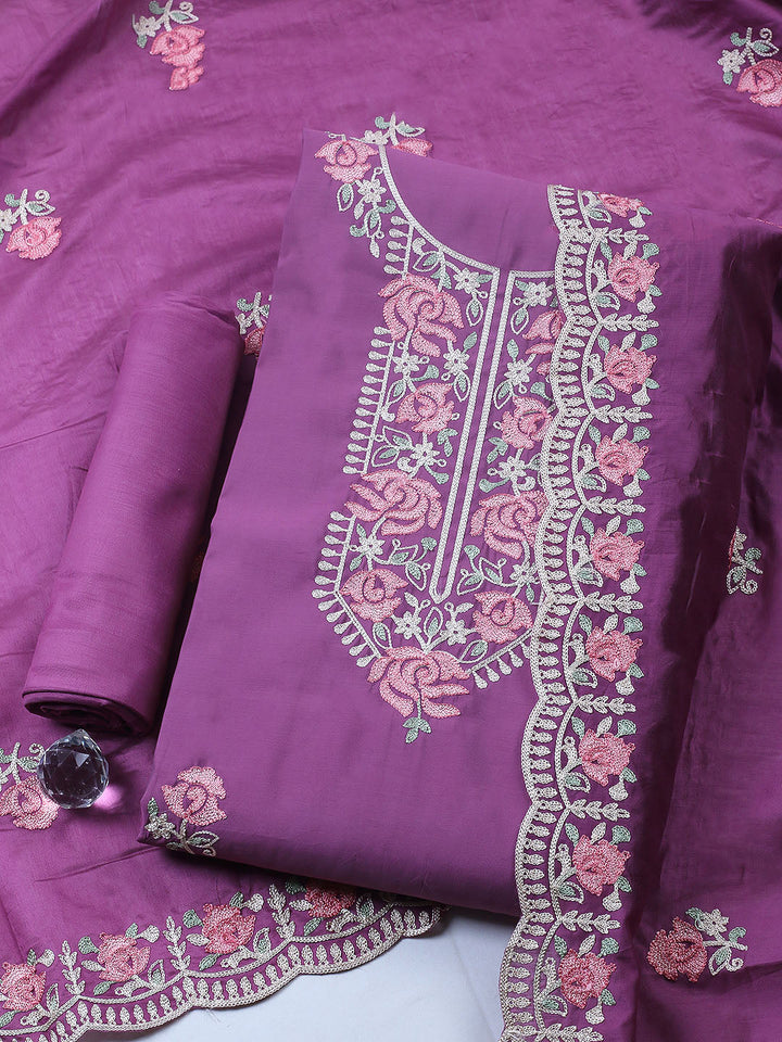 Embroidered Chanderi Unstitched Suit With Pant &amp; Dupatta