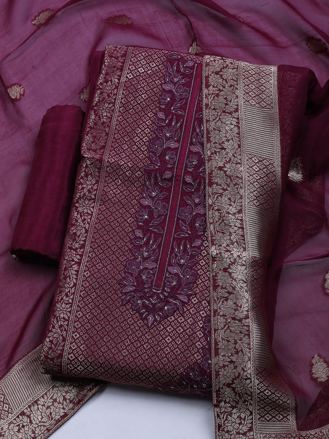 Embroidered Art Silk Unstitched Suit With Dupatta
