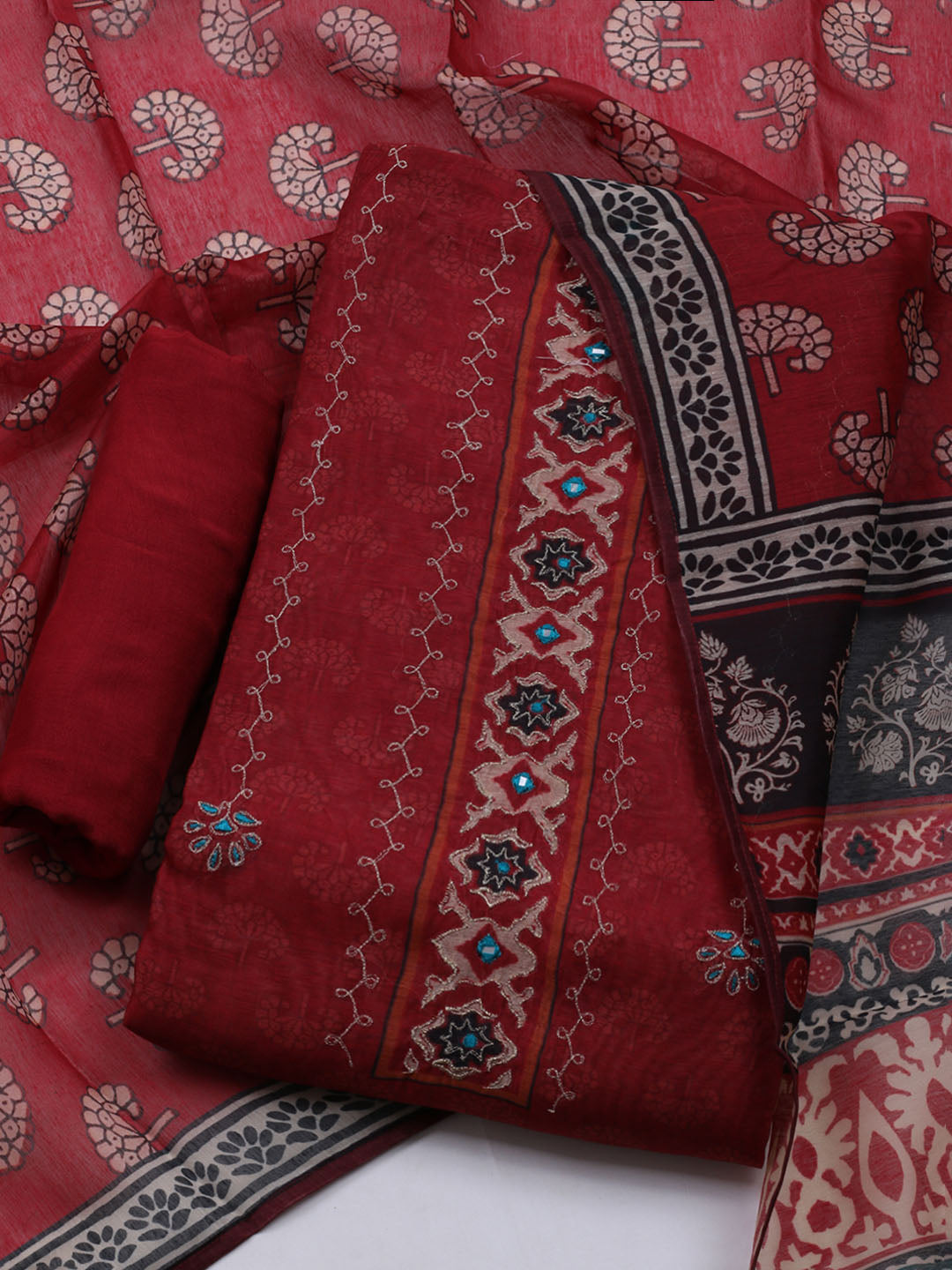 Printed Cotton Blend Unstitched Suit With Dupatta