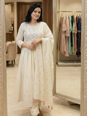 Embroidered Cotton Blend Kurta With Pant & Dupatta