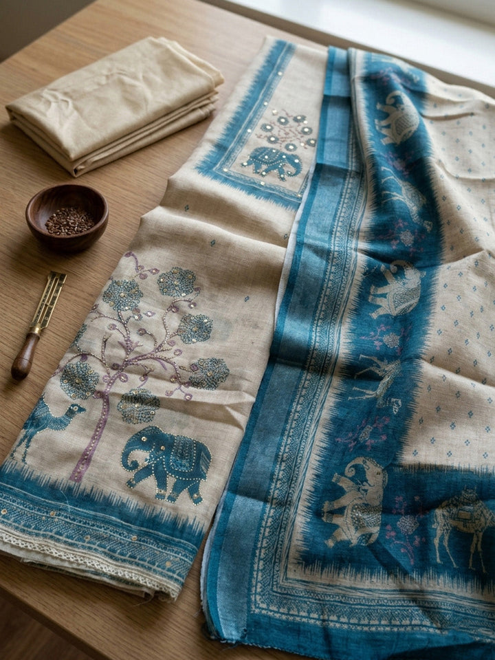 Embroidered Chanderi Unstitched Suit With Pant &amp; Dupatta