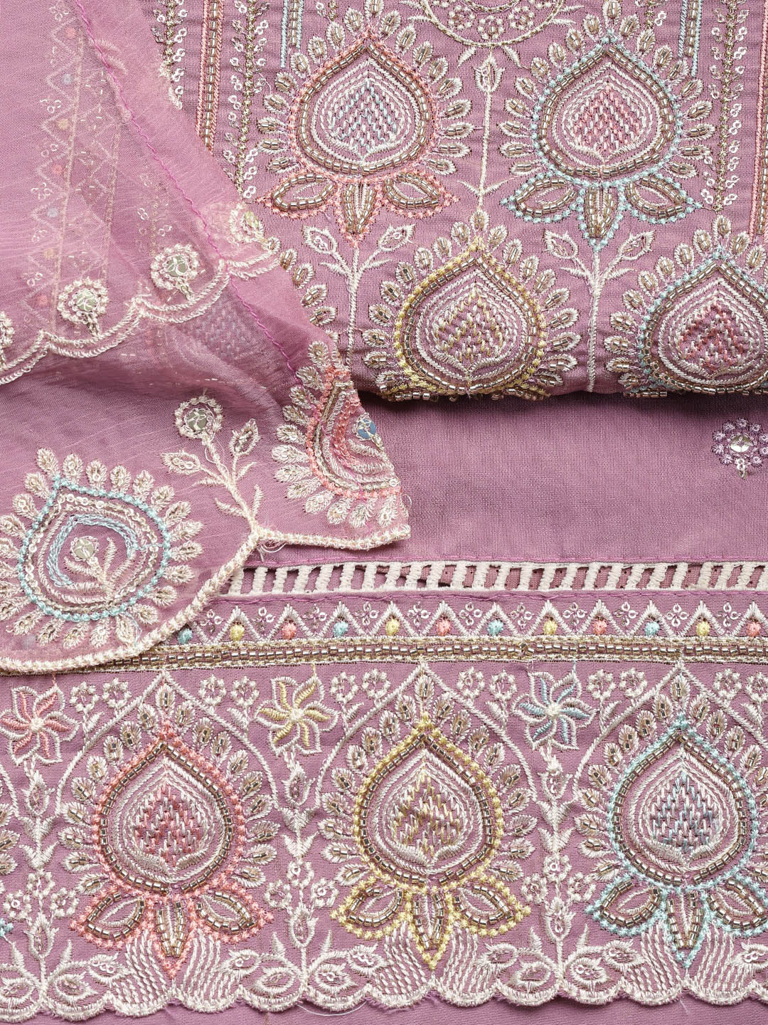 Embroidered Chanderi Unstitched Suit Piece With Dupatta