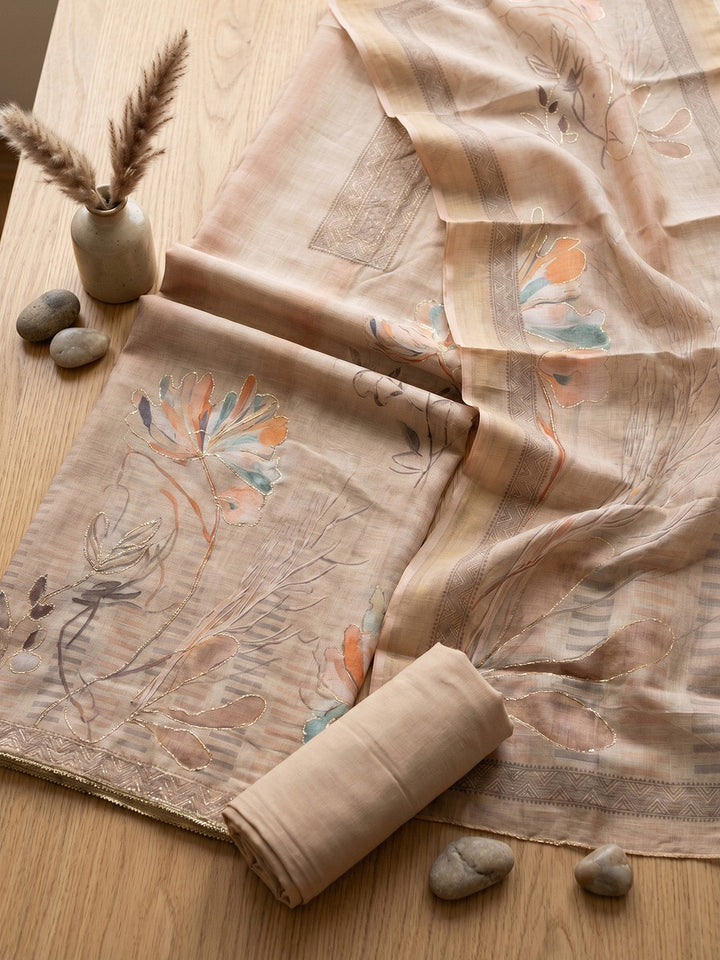 Printed Linen Blend Unstitched Suit With Pant &amp; Dupatta