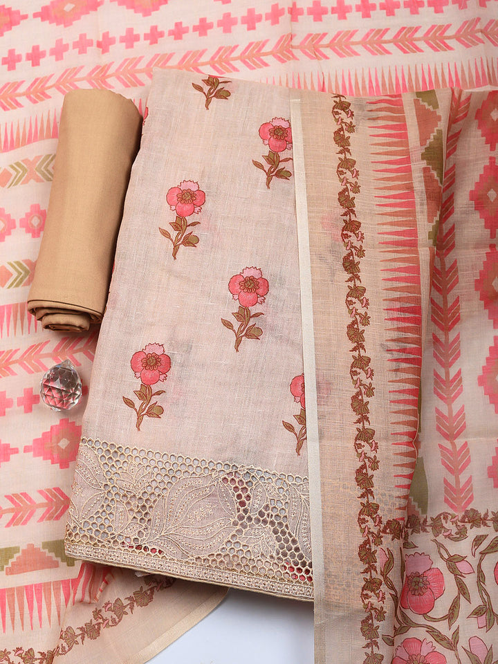 Embroidered Linen Blend Unstitched Suit With Pant &amp; Dupatta