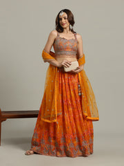 Embroidered Crepe Choli With Lehenga & Dupatta
