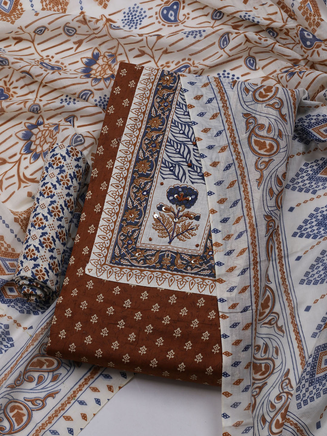 Neck Embroidered Cotton Blend Unstitched Suit With Dupatta