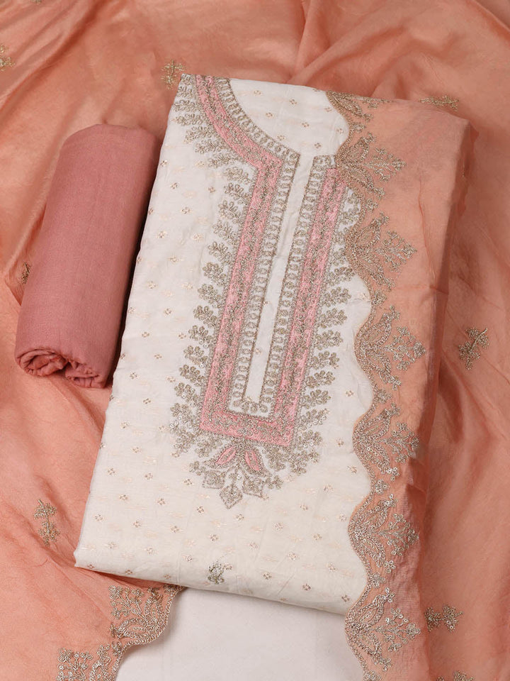 Embroidered Chanderi Unstitched Suit With Pant &amp; Dupatta