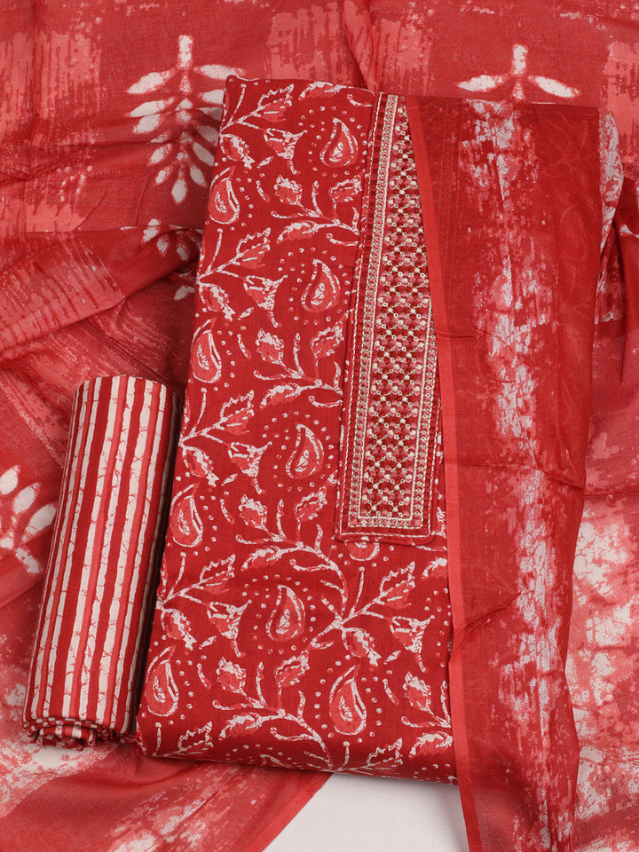 Printed Cotton Unstitched Suit With Pant &amp; Dupatta