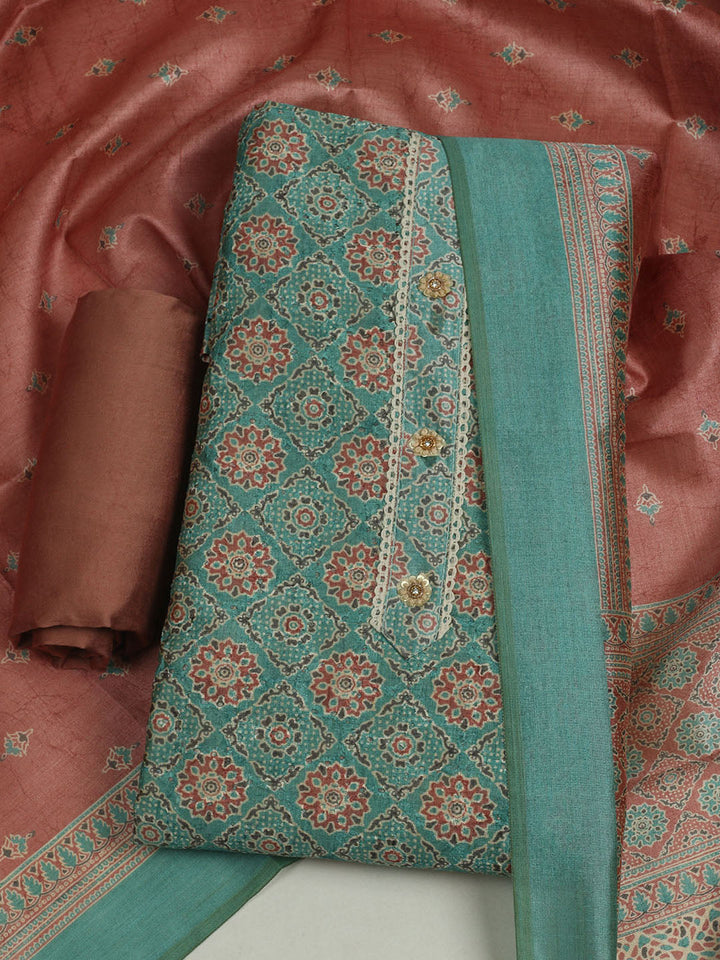 Printed Cotton Unstitched Suit With Pant &amp; Dupatta