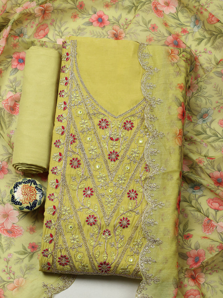 Embroidered Chanderi Unstitched Suit With Pant &amp; Dupatta