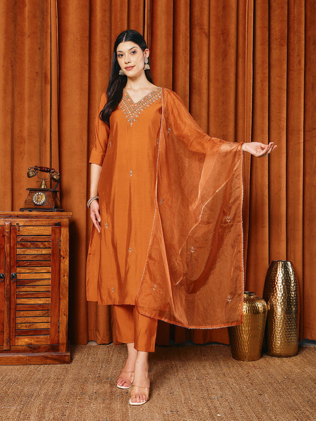 Embroidered Cotton Blend Kurta With Pants & Dupatta