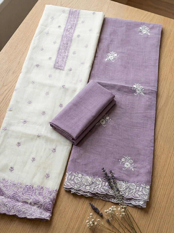 Embroidered Chanderi Unstitched Suit With Pant &amp; Dupatta