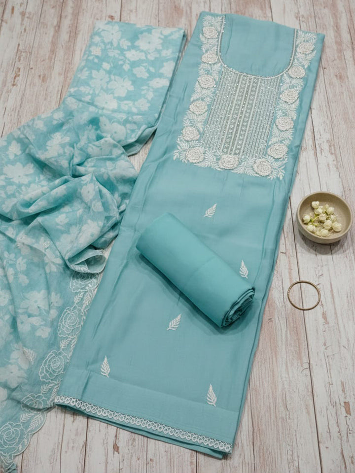 Embroidered Chanderi Unstitched Suit With Pant &amp; Dupatta