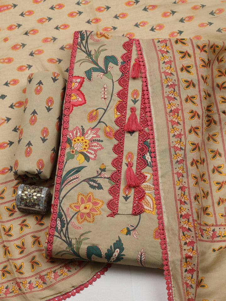 Embroidered Cotton Blend Unstitched Suit With Pant &amp; Dupatta