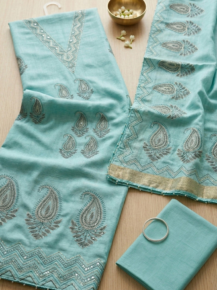 Embroidered Linen Blend Unstitched Suit With Pant &amp; Dupatta