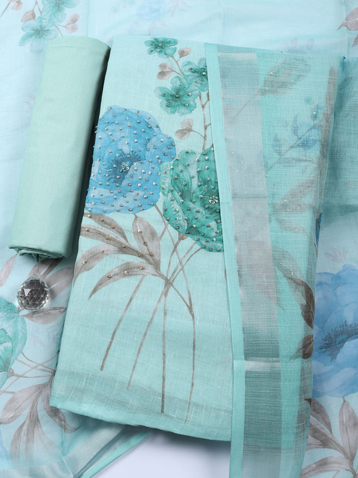 Embroidered Linen Blend Unstitched Suit With Pant &amp; Dupatta