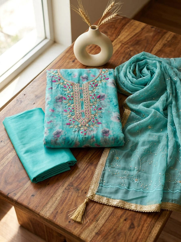 Embroidered Tissue Unstitched Suit With Pant &amp; Dupatta
